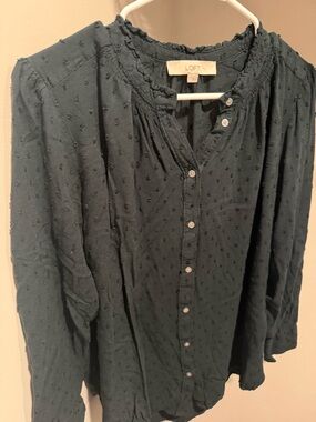 LOFT Dark Teal Textured Button-Up Blouse